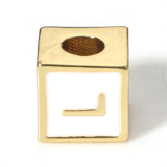 Picture of Brass Simple Beads For DIY Jewelry Making 18K Real Gold Plated White Cube Initial Alphabet/ Capital Letter Enamel Message " L " About 6mm x 6mm, Hole: Approx 2.5mm, 1 Piece