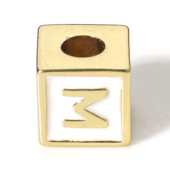 Picture of Brass Simple Beads For DIY Jewelry Making 18K Real Gold Plated White Cube Initial Alphabet/ Capital Letter Enamel Message " M " About 6mm x 6mm, Hole: Approx 2.5mm, 1 Piece