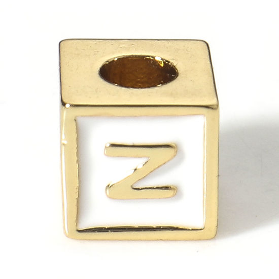 Picture of Brass Simple Beads For DIY Jewelry Making 18K Real Gold Plated White Cube Initial Alphabet/ Capital Letter Enamel Message " N " About 6mm x 6mm, Hole: Approx 2.5mm, 1 Piece