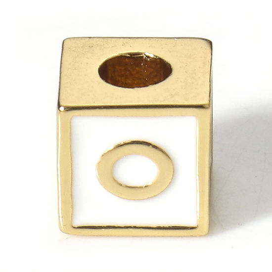 Picture of Brass Simple Beads For DIY Jewelry Making 18K Real Gold Plated White Cube Initial Alphabet/ Capital Letter Enamel Message " O " About 6mm x 6mm, Hole: Approx 2.5mm, 1 Piece