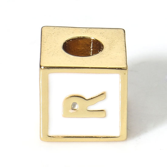 Picture of Brass Simple Beads For DIY Jewelry Making 18K Real Gold Plated White Cube Initial Alphabet/ Capital Letter Enamel Message " R " About 6mm x 6mm, Hole: Approx 2.5mm, 1 Piece