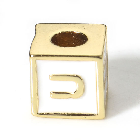 Picture of Brass Simple Beads For DIY Jewelry Making 18K Real Gold Plated White Cube Initial Alphabet/ Capital Letter Enamel Message " U " About 6mm x 6mm, Hole: Approx 2.5mm, 1 Piece