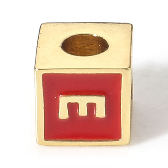 Imagen de Latón Sencillo Cuentas para la Fabricación de Joyas con Dijes de Bricolaje 18K Oro Real Chapado Rojo Cubo Mayúscula Letra Mensaje " E " Esmalte Aprox 6mm x 6mm, Agujero: acerca de 2.5mm, 1 Unidad
