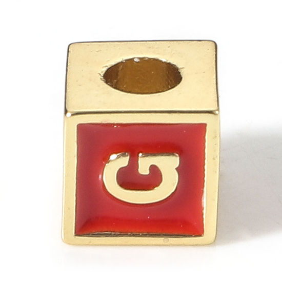 Imagen de Latón Sencillo Cuentas para la Fabricación de Joyas con Dijes de Bricolaje 18K Oro Real Chapado Rojo Cubo Mayúscula Letra Mensaje " G " Esmalte Aprox 6mm x 6mm, Agujero: acerca de 2.5mm, 1 Unidad
