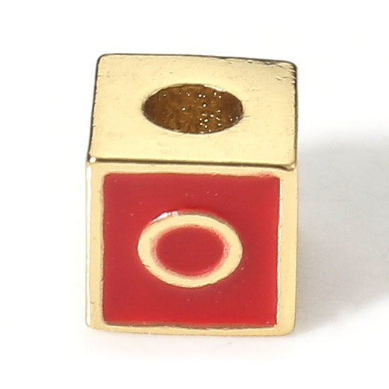 Imagen de Latón Sencillo Cuentas para la Fabricación de Joyas con Dijes de Bricolaje 18K Oro Real Chapado Rojo Cubo Mayúscula Letra Mensaje " O " Esmalte Aprox 6mm x 6mm, Agujero: acerca de 2.5mm, 1 Unidad
