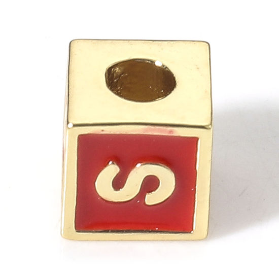Imagen de Latón Sencillo Cuentas para la Fabricación de Joyas con Dijes de Bricolaje 18K Oro Real Chapado Rojo Cubo Mayúscula Letra Mensaje " S " Esmalte Aprox 6mm x 6mm, Agujero: acerca de 2.5mm, 1 Unidad