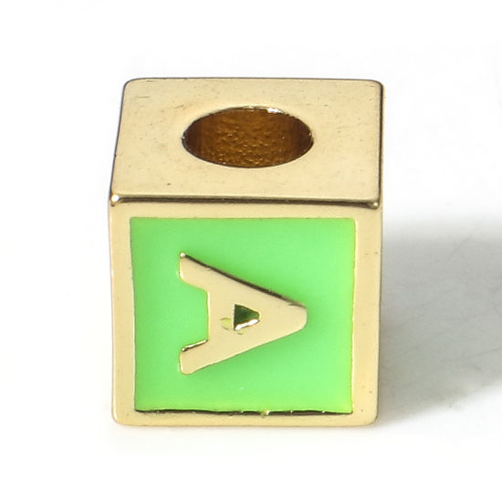 Picture of Brass Simple Beads For DIY Charm Jewelry Making 18K Real Gold Plated Green Cube Initial Alphabet/ Capital Letter Enamel Message " A " About 6mm x 6mm, Hole: Approx 2.5mm, 1 Piece                                                                            
