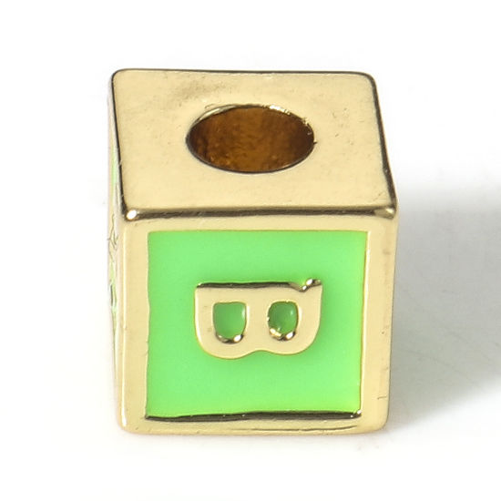 Picture of Brass Simple Beads For DIY Charm Jewelry Making 18K Real Gold Plated Green Cube Initial Alphabet/ Capital Letter Enamel Message " B " About 6mm x 6mm, Hole: Approx 2.5mm, 1 Piece                                                                            