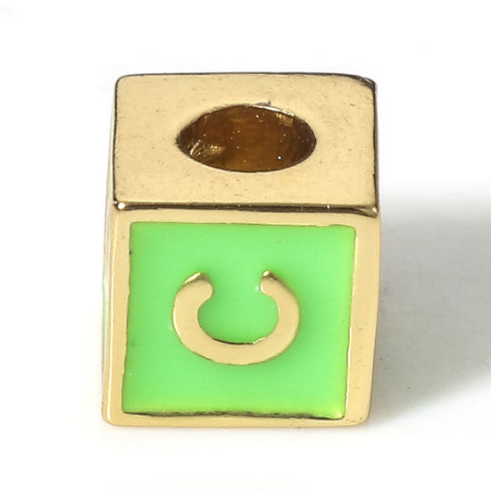 Picture of Brass Simple Beads For DIY Charm Jewelry Making 18K Real Gold Plated Green Cube Initial Alphabet/ Capital Letter Enamel Message " C " About 6mm x 6mm, Hole: Approx 2.5mm, 1 Piece                                                                            