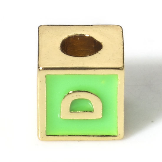 Picture of Brass Simple Beads For DIY Charm Jewelry Making 18K Real Gold Plated Green Cube Initial Alphabet/ Capital Letter Enamel Message " D " About 6mm x 6mm, Hole: Approx 2.5mm, 1 Piece                                                                            
