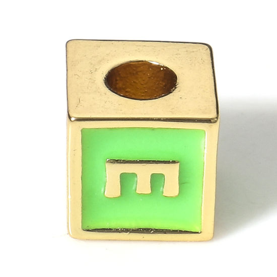 Picture of Brass Simple Beads For DIY Charm Jewelry Making 18K Real Gold Plated Green Cube Initial Alphabet/ Capital Letter Enamel Message " E " About 6mm x 6mm, Hole: Approx 2.5mm, 1 Piece                                                                            