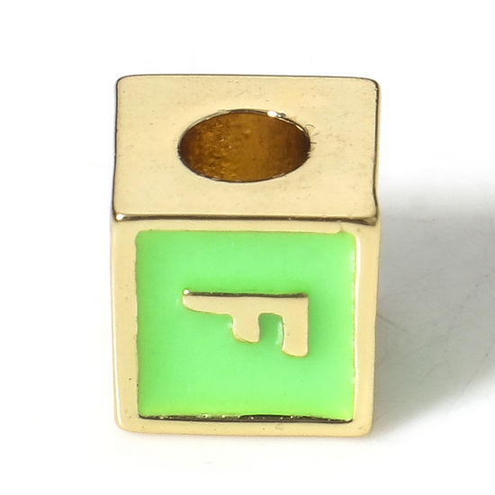 Picture of Brass Simple Beads For DIY Charm Jewelry Making 18K Real Gold Plated Green Cube Initial Alphabet/ Capital Letter Enamel Message " F " About 6mm x 6mm, Hole: Approx 2.5mm, 1 Piece                                                                            