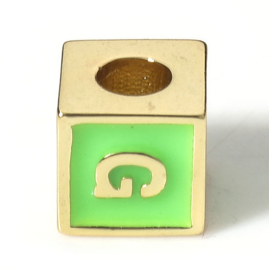 Picture of Brass Simple Beads For DIY Charm Jewelry Making 18K Real Gold Plated Green Cube Initial Alphabet/ Capital Letter Enamel Message " G " About 6mm x 6mm, Hole: Approx 2.5mm, 1 Piece                                                                            