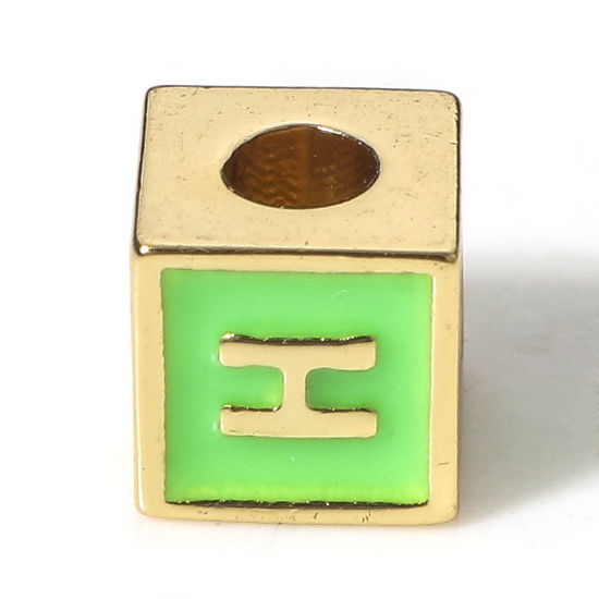 Picture of Brass Simple Beads For DIY Charm Jewelry Making 18K Real Gold Plated Green Cube Initial Alphabet/ Capital Letter Enamel Message " H " About 6mm x 6mm, Hole: Approx 2.5mm, 1 Piece                                                                            