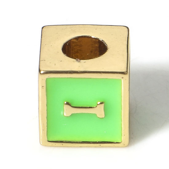 Picture of Brass Simple Beads For DIY Charm Jewelry Making 18K Real Gold Plated Green Cube Initial Alphabet/ Capital Letter Enamel Message " I " About 6mm x 6mm, Hole: Approx 2.5mm, 1 Piece                                                                            
