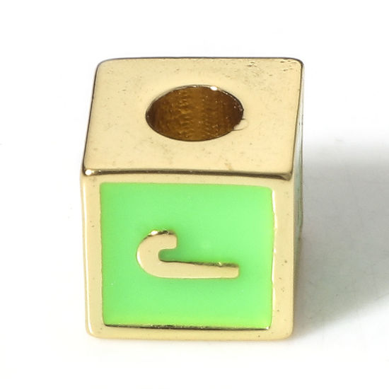 Picture of Brass Simple Beads For DIY Charm Jewelry Making 18K Real Gold Plated Green Cube Initial Alphabet/ Capital Letter Enamel Message " J " About 6mm x 6mm, Hole: Approx 2.5mm, 1 Piece                                                                            