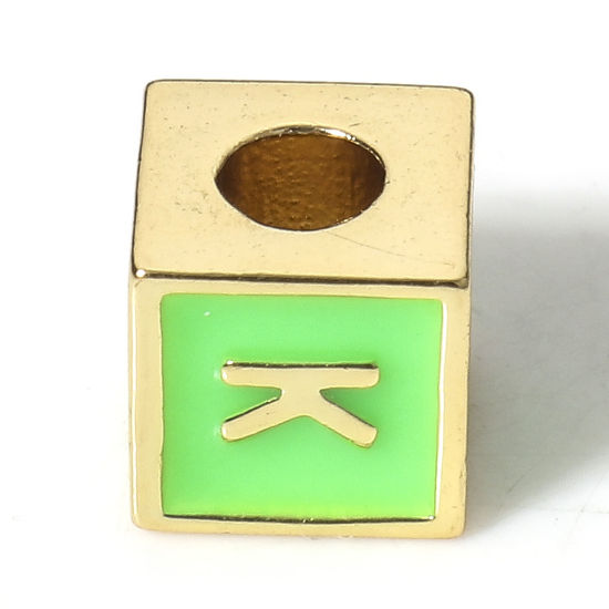 Picture of Brass Simple Beads For DIY Charm Jewelry Making 18K Real Gold Plated Green Cube Initial Alphabet/ Capital Letter Enamel Message " K " About 6mm x 6mm, Hole: Approx 2.5mm, 1 Piece                                                                            