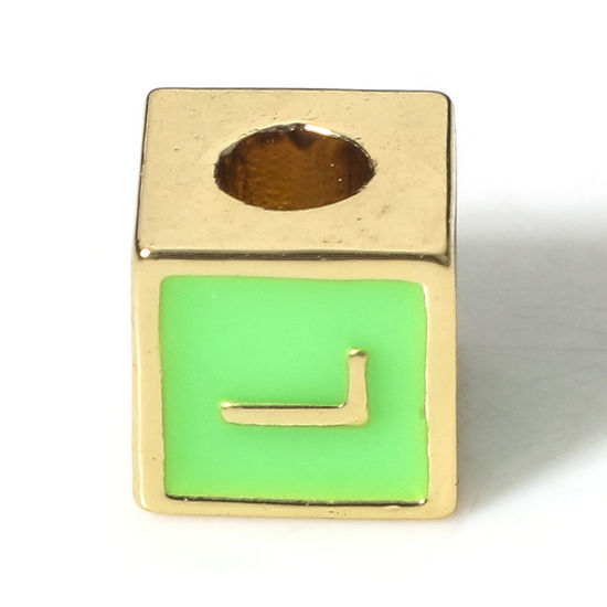Picture of Brass Simple Beads For DIY Charm Jewelry Making 18K Real Gold Plated Green Cube Initial Alphabet/ Capital Letter Enamel Message " L " About 6mm x 6mm, Hole: Approx 2.5mm, 1 Piece                                                                            