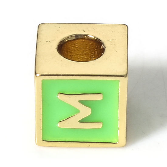 Picture of Brass Simple Beads For DIY Charm Jewelry Making 18K Real Gold Plated Green Cube Initial Alphabet/ Capital Letter Enamel Message " M " About 6mm x 6mm, Hole: Approx 2.5mm, 1 Piece                                                                            
