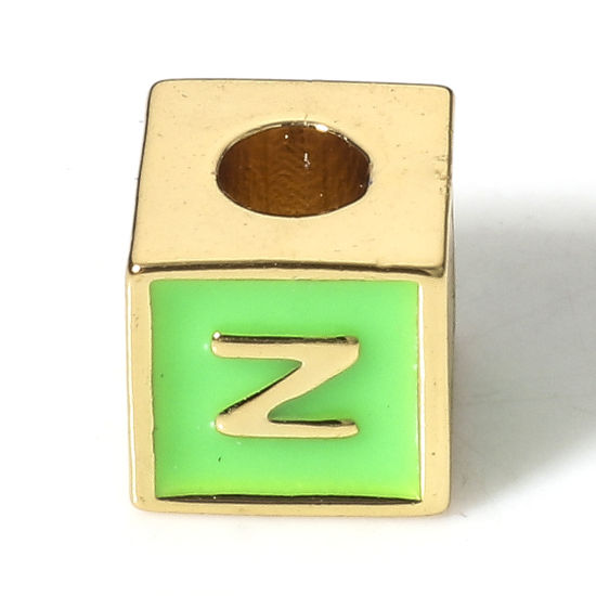 Picture of Brass Simple Beads For DIY Charm Jewelry Making 18K Real Gold Plated Green Cube Initial Alphabet/ Capital Letter Enamel Message " N " About 6mm x 6mm, Hole: Approx 2.5mm, 1 Piece                                                                            
