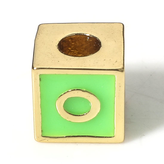 Picture of Brass Simple Beads For DIY Charm Jewelry Making 18K Real Gold Plated Green Cube Initial Alphabet/ Capital Letter Enamel Message " O " About 6mm x 6mm, Hole: Approx 2.5mm, 1 Piece                                                                            