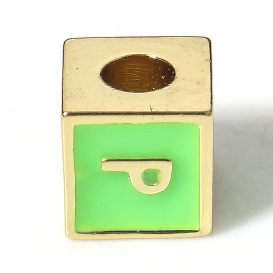 Picture of Brass Simple Beads For DIY Charm Jewelry Making 18K Real Gold Plated Green Cube Initial Alphabet/ Capital Letter Enamel Message " P " About 6mm x 6mm, Hole: Approx 2.5mm, 1 Piece                                                                            