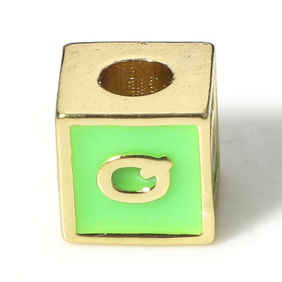 Picture of Brass Simple Beads For DIY Charm Jewelry Making 18K Real Gold Plated Green Cube Initial Alphabet/ Capital Letter Enamel Message " Q " About 6mm x 6mm, Hole: Approx 2.5mm, 1 Piece                                                                            