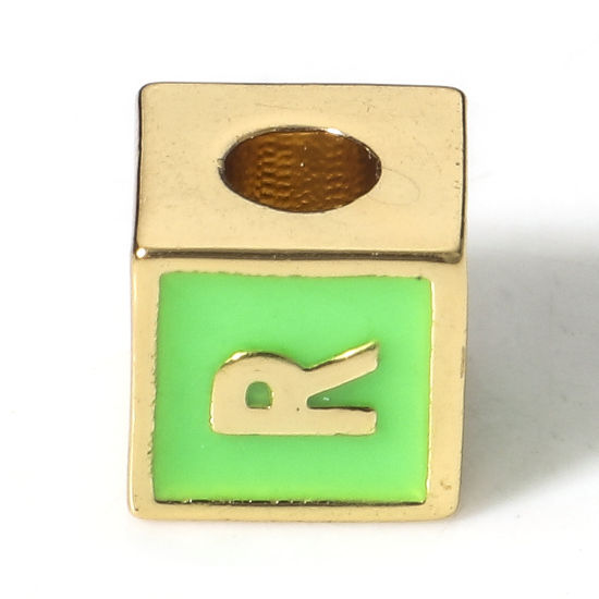 Picture of Brass Simple Beads For DIY Charm Jewelry Making 18K Real Gold Plated Green Cube Initial Alphabet/ Capital Letter Enamel Message " R " About 6mm x 6mm, Hole: Approx 2.5mm, 1 Piece                                                                            
