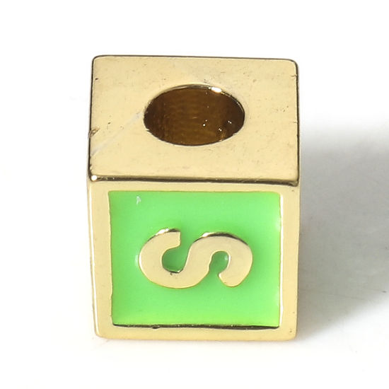 Picture of Brass Simple Beads For DIY Charm Jewelry Making 18K Real Gold Plated Green Cube Initial Alphabet/ Capital Letter Enamel Message " S " About 6mm x 6mm, Hole: Approx 2.5mm, 1 Piece                                                                            