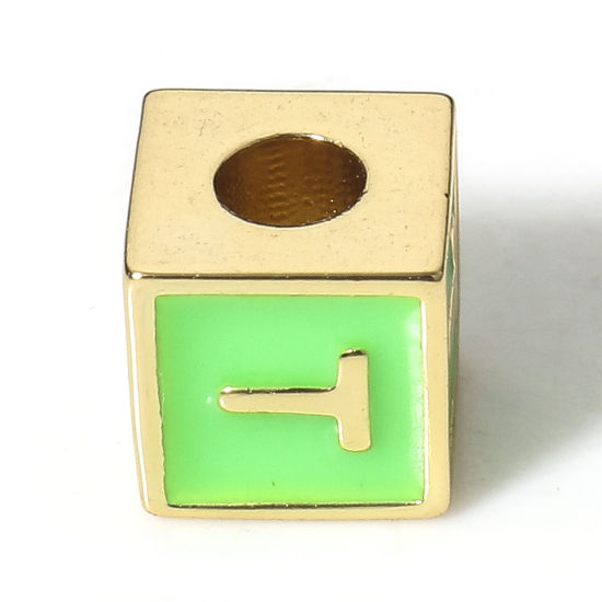 Picture of Brass Simple Beads For DIY Charm Jewelry Making 18K Real Gold Plated Green Cube Initial Alphabet/ Capital Letter Enamel Message " T " About 6mm x 6mm, Hole: Approx 2.5mm, 1 Piece                                                                            