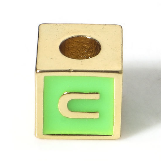 Picture of Brass Simple Beads For DIY Charm Jewelry Making 18K Real Gold Plated Green Cube Initial Alphabet/ Capital Letter Enamel Message " U " About 6mm x 6mm, Hole: Approx 2.5mm, 1 Piece                                                                            