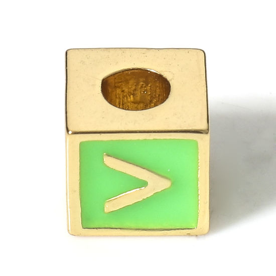 Picture of Brass Simple Beads For DIY Charm Jewelry Making 18K Real Gold Plated Green Cube Initial Alphabet/ Capital Letter Enamel Message " V " About 6mm x 6mm, Hole: Approx 2.5mm, 1 Piece                                                                            