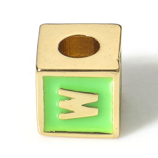 Picture of Brass Simple Beads For DIY Charm Jewelry Making 18K Real Gold Plated Green Cube Initial Alphabet/ Capital Letter Enamel Message " W " About 6mm x 6mm, Hole: Approx 2.5mm, 1 Piece                                                                            