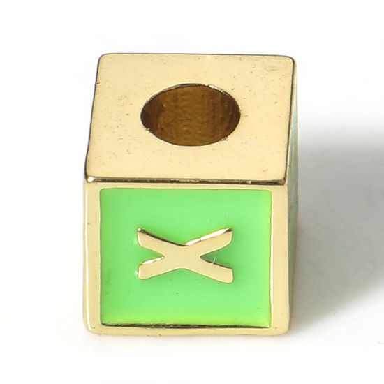 Picture of Brass Simple Beads For DIY Charm Jewelry Making 18K Real Gold Plated Green Cube Initial Alphabet/ Capital Letter Enamel Message " X " About 6mm x 6mm, Hole: Approx 2.5mm, 1 Piece                                                                            