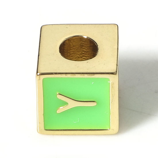 Picture of Brass Simple Beads For DIY Charm Jewelry Making 18K Real Gold Plated Green Cube Initial Alphabet/ Capital Letter Enamel Message " Y " About 6mm x 6mm, Hole: Approx 2.5mm, 1 Piece                                                                            