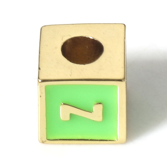 Picture of Brass Simple Beads For DIY Charm Jewelry Making 18K Real Gold Plated Green Cube Initial Alphabet/ Capital Letter Enamel Message " Z " About 6mm x 6mm, Hole: Approx 2.5mm, 1 Piece                                                                            
