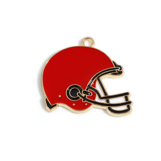 Picture of Zinc Based Alloy Sport Charms Gold Plated Red Baseball Helmet Enamel 25mm x 24.5mm, 10 PCs