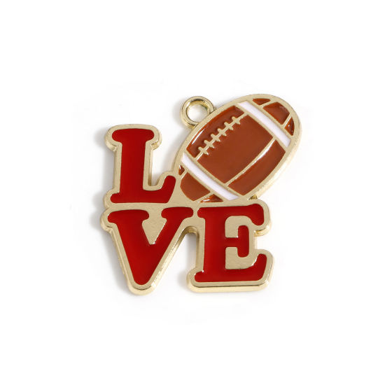 Picture of Zinc Based Alloy Sport Charms Gold Plated Red Football Enamel 23.5mm x 22.5mm, 10 PCs
