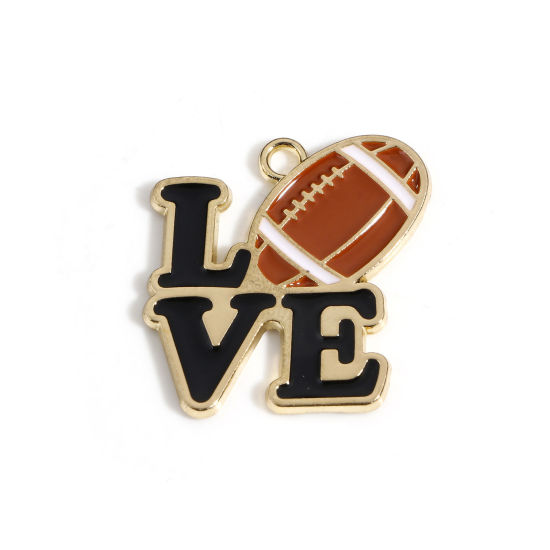 Picture of Zinc Based Alloy Sport Charms Gold Plated Black Football Enamel 23.5mm x 22.5mm, 10 PCs