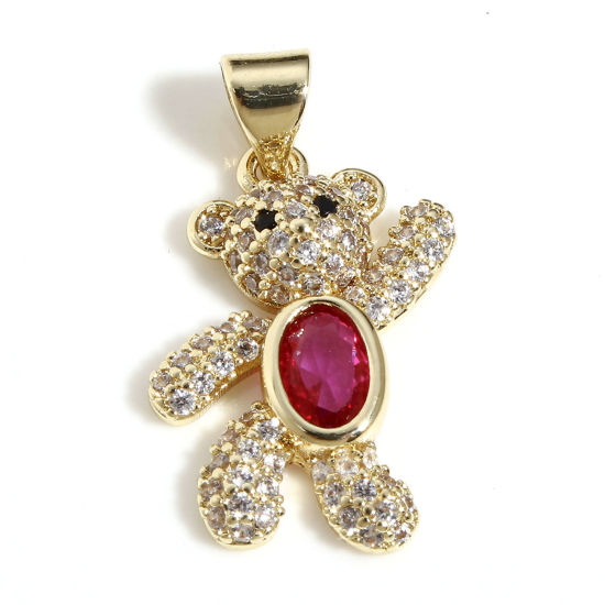 Picture of 1 Piece Brass Micro Pave Charm Pendant 18K Real Gold Plated Bear Animal Clear Cubic Zirconia Fuchsia Rhinestone 24.5mm x 12mm