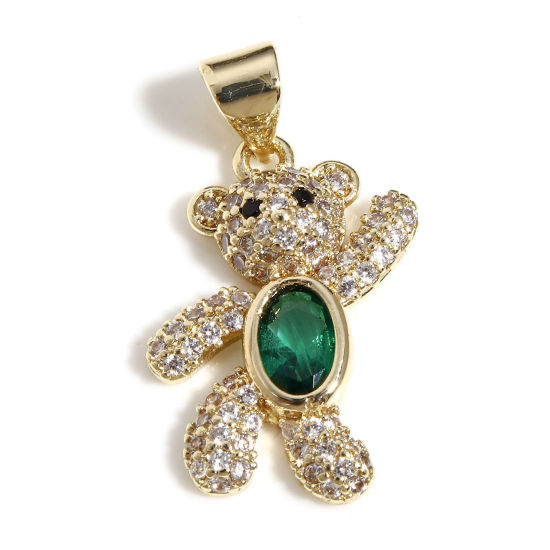 Picture of 1 Piece Brass Micro Pave Charm Pendant 18K Real Gold Plated Bear Animal Clear Cubic Zirconia Green Rhinestone 24.5mm x 12mm