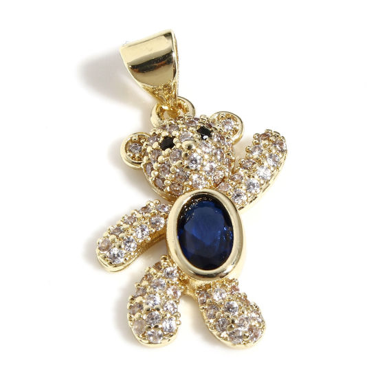 Picture of 1 Piece Brass Micro Pave Charm Pendant 18K Real Gold Plated Bear Animal Clear Cubic Zirconia Dark Blue Rhinestone 24.5mm x 12mm