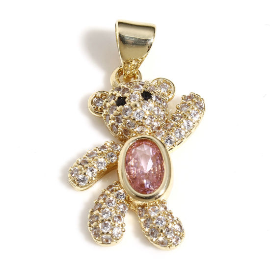 Picture of 1 Piece Brass Micro Pave Charm Pendant 18K Real Gold Plated Bear Animal Clear Cubic Zirconia Pink Rhinestone 24.5mm x 12mm