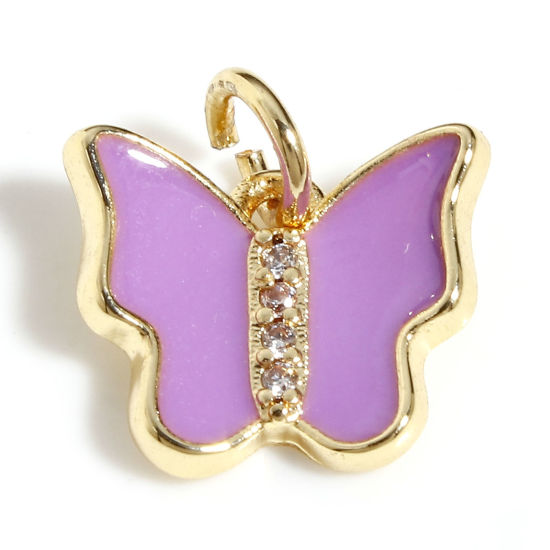 Image de Breloques Insecte en Laiton Papillon Plaqué Or Véritable 18K Violet Émail à Zircone Cubique Clair 12mm x 10.5mm, 1 Pièce