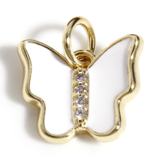 Image de Breloques Insecte en Laiton Papillon Plaqué Or Véritable 18K Blanc Émail à Zircone Cubique Clair 12mm x 10.5mm, 1 Pièce
