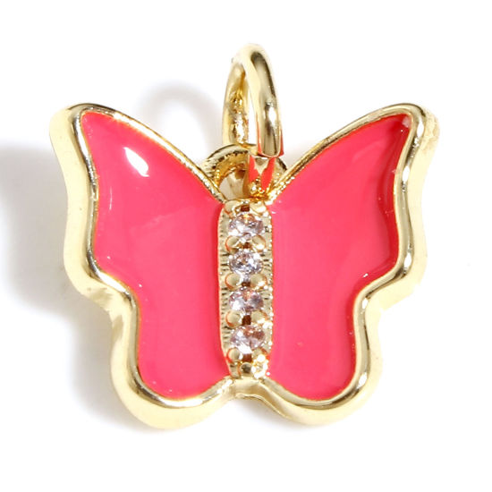 Image de Breloques Insecte en Laiton Papillon Plaqué Or Véritable 18K Fuchsia Émail à Zircone Cubique Clair 12mm x 10.5mm, 1 Pièce