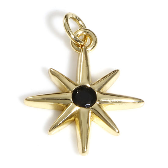 Picture of Brass Galaxy Charms 18K Real Gold Plated Sun Black Cubic Zirconia 17.5mm x 13mm, 1 Piece