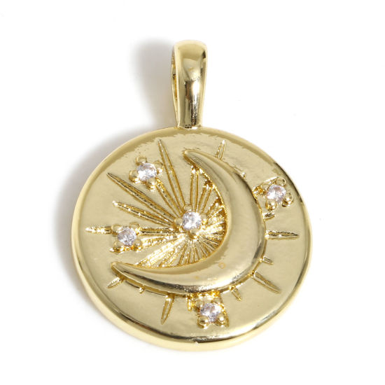 Picture of 1 Piece Brass Galaxy Disc Charms 18K Real Gold Plated Half Moon Star Clear Cubic Zirconia 25mm x 18mm