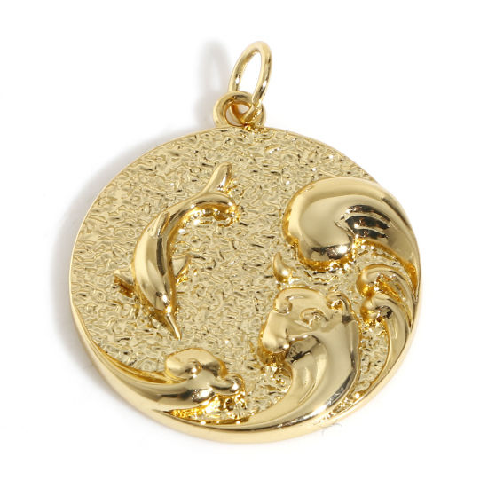 Picture of 1 Piece Brass Ocean Jewelry Disc Charms 18K Real Gold Plated Wave Dolphin 26mm x 20mm