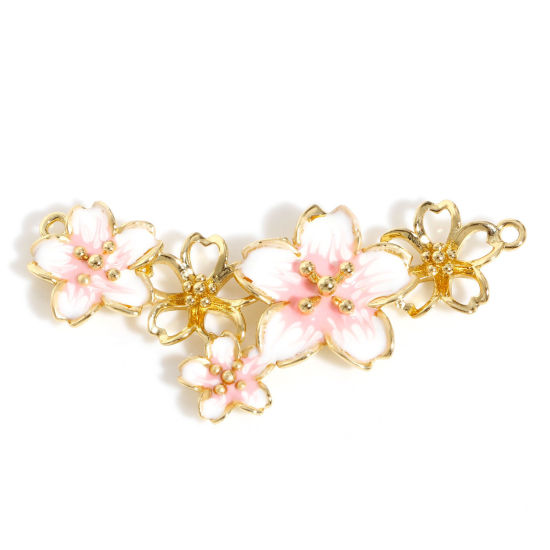 Image de Connecteurs Pendentifs Breloques en Laiton Fleur Sakura Plaqué Or Véritable 18K Émail 4cm x 1.9cm, 1 Pièce